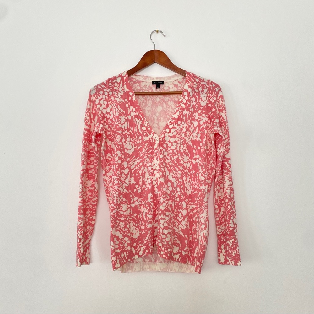 Talbots Pink White Floral Print Button Cardigan Sweater Small Cotton Blend